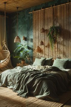 a bedroom with green walls and hanging plants