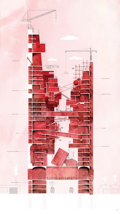 a drawing of a tall building with lots of red bricks on the top and bottom