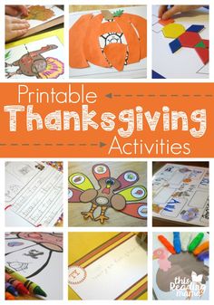 a collage of thanksgiving activities with the words, printable thanksgiving cards and pictures