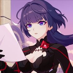 an anime character holding a piece of paper in her hand and looking at the camera