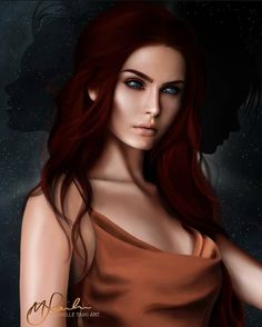 a digital painting of a woman with red hair and blue eyes wearing a brown dress