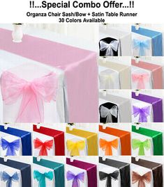 various colors of bows and ribbons are on the table cloths for this special occasion