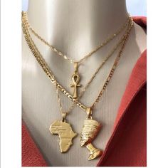 This Set Comes With 16 Inch ,18, 24 Inch Gold Plated Chain Activate The Queen Or King Within ! Each Necklace Can Be Worn Separately Or Layered All Necklaces Are 18k Gold Plated , Will Not Tarnish . For Men And Women ! Perfect Gift 1. Ankh Necklace 16 Inch (You Can Request 24inch ) 2. Mini Africa Map 18 Inch ( You Can Request 24 Inch) 3.Nefertiti Necklace 24inch ( ( You Can Request 18inch) Necklaces Can Be Worn Separately Or Layered . Nefertiti Necklace, Black Facts, Africa Necklace, Ankh Pendant, Trendy Chokers, Ankh Necklace, Map Necklace, Africa Map, Jewelry Aesthetic