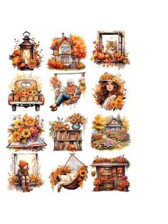 a bunch of stickers that are on top of a white sheet with autumn decorations