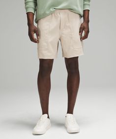 All Polish, Zero Fuss. We Made These Shorts From Technical Fabric That Has A Softly Structured Feel And Comes Wrinkle-Free Straight Out Of The Dryer. Designed For Casual. Roomy Fit Through Glutes And Thighs. Zippered Hand Pockets With Hidden Phone And Coin Sleeves. Secure Back Pocket. Elasticated Waistband Has An Internal Drawcord. Gusset Is Placed To Allow Increased Mobility. | Relaxed-Fit Pull-On Short 7" Light Woven Breathable Relaxed Fit Functional Shorts, Relaxed Fit Pull-on Style Shorts, Functional Shorts With 5-inch Inseam, Men's Lululemon Moisture-wicking Athletic Shorts, 5” Inseam Shorts Men, Shorts Lululemon, Lululemon Shorts, Leg Work, Men's Shorts