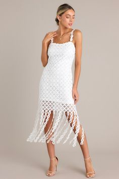 White Detailed Fringe Midi Dress - All Dresses | Red Dress Party Dress Midi, Fringe Midi Dress, Sorority Rush Dresses, Preppy Girls, Rush Dresses, White Fringe, Wedding Party Dress, White Midi, Dress Bra