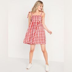 Nwt Red And White Gingham Print Fully Adjustable Tie Shoulders Empire Waist Elasticated Back This Dress Has Pockets! 58% Cotton 42% Viscose Size S Tall 31" Bust, Laid Flat 31" Waist 39" Length Smoke Free Home Red Gingham Dress, Gauze Dress, Long Sleeve Blouse Pattern, Red Gingham, Feel Pretty, Light Blue Sweater, Gingham Dress, Gingham Print, Floral Dress Summer