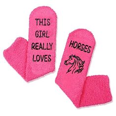 Horse Socks For WomenThese pink socks for her feature the funny saying "THIS GIRL REALLY LOVES HORSES" printed on the soles. They are fun and sassy, making them heartwarming equestrian gifts.Size & MaterialThese fluffy socks are made of plush coral fleece, providing ultimate comfort and warmth. Designed to fit women's shoe sizes 6-10. Our fuzzy socks also feature black non-slip soles, ensuring your safety on wood and tile floors.Cupcake PackagingTo ensure easy transportation, they are not assemb Dino Gifts, Pink Fuzzy Socks, Hot Pink Gifts, Bee Sock, Horse Socks, Dinosaur Socks, Dental Assistant Gifts, Duck Gifts, Silly Kids