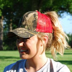 C.C Ponycaps! Top quality C.C Ponycaps ponytail caps are ideal all season long! Perfect for pulling your messy bun or high ponytail through any day! Red Baseball Cap For Outdoor Activities, Adjustable Red Baseball Cap For Outdoor Activities, Red Outdoor Trucker Hat, Camo And Red, High Ponytail, High Ponytails, Messy Bun, Trucker Hat, Camo