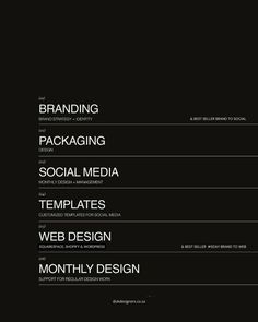 a black and white website page with the words branding, packaging, social media, templates, web design