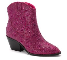 Introducing our stunning rhinestone-encrusted bootie! This shoe features a side zip closure for easy on and off, a 4.5" shaft for a flattering fit, and a 2.5" heel for just the right amount of lift. But that's not all - these boots also come equipped with a marshmallow insole for maximum comfort all day long. With sparkling rhinestones covering every inch of these booties, you're sure to turn heads wherever you go. Don't miss out on this glamorous footwear option! Fuchsia Rhinestones. Fit: True Rhinestone Boots, Socks Style, Lace Booties, Barbie Shoes, Girls Tote, Hey Girl, All That Glitters, Shine On, Wedge Boots