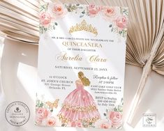 a princess birthday party with pink roses and gold foil on the front, along with an envelope that says quinceenancaa of their daughter