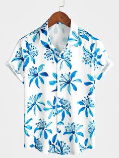 Summertime Activities, Gents Shirts, White And Blue Flowers, Going To The Beach, Costume Parties, Floral Button Up, Holiday Beach, Beach Shirt, Floral Short