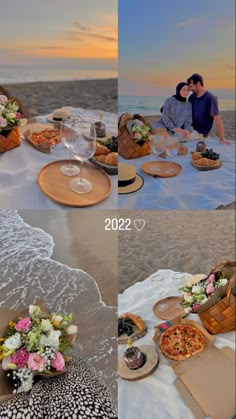 a couple is sitting on the beach with food and wine