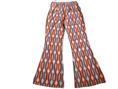 The most fabulous pair of vintage low rise flares. These vintage trousers feature  psychedelic multicolor print, including red, orange, brown, white and blue tones. Period of manufacture is most probably late 1970s. Made in Italy. Material - polyester and elasthan Side zipper fastening Best Fit Size: M/L Measurements /taken flat/: Waist: 15.5 inches/ 40cm /need to duplicate/ front rise 11 inches/ 28cm hip 19 inches / 49cm /need to duplicate/ knee 8 inches / 20cm/need to duplicate/ inseam 30 inch Retro Flare Bottoms For Festival, Hippie Style Multicolor Flare Bottoms, Multicolor Flare Hippie Bottoms, 70s Inspired Wide Leg Festival Pants, Retro Multicolor Wide Leg Pants, Retro Multicolor Flare Bottoms, Retro Multicolor Bottoms For Festival, Retro Spring Flares, Retro Multicolor Pants For Festival