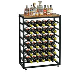 a wine rack with many bottles and glasses on it