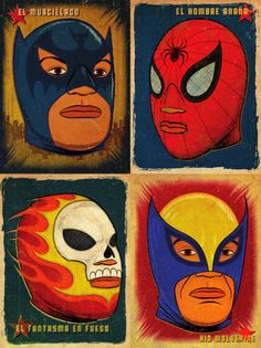 four different colored masks with faces drawn on them, all in different styles and colors