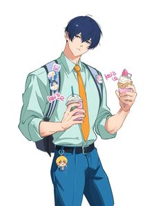 an anime character is holding two donuts and a drink in one hand while wearing a tie