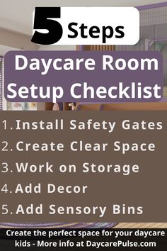 the 5 steps to daycare room setup checklist is shown in purple and white