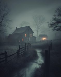 a foggy night with a house in the foreground and a stream running through it