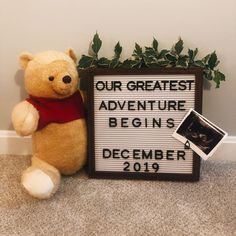 a teddy bear next to a sign that says our greatest adventure begins december 2019