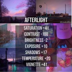 a collage of photos with the words afterlight written in different font styles and colors