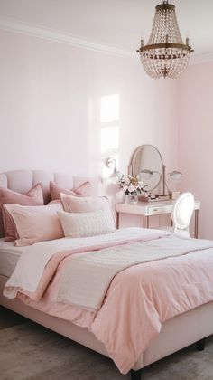 a bed with pink sheets and pillows in front of a chandelier hanging from the ceiling