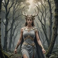 a woman with horns is walking through the woods