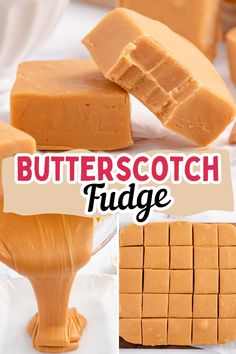 the butterscotch fudge is cut into squares and stacked on top of each other