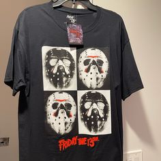 Friday The 13th Jason Voorhees Graphic T Shirt 21.5 Pit To Pit 30 Length Black With Gorgeous Graphic Print Large Mens Official Film Merchandise Same Day Shipping Black Band Merch Tops For Fan Gear, Black Shirt With Graphic Print For Fan Conventions, Black Graphic Print Shirt For Fan Conventions, Black Pop Culture Shirt For Fan Conventions, Black Pre-shrunk Shirt For Fan Conventions, Black Cotton Shirt For Fan Conventions, Friday The 13th Shirt, Friday The 13th Jason, Jason Mask