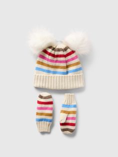 Supersoft cotton-blend beanie and mittens set.  Faux fur poms at top.  Allover stripes.  Ribbed cuffs.  For more fit and sizing info, check out our Size Chart. Plush Yarn, Everyday Luxury, Brand Collaboration, Everyday Luxuries, Toddler Gifts, Crochet Projects, Baby Toddler, Faux Fur, Gap