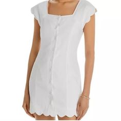 Nwt Women's Aqua White Scallop Edge Button Front Short Sleeve Mini Dress. Size Xs Shell: 55% Linen 45% Viscose Lining: 65% Polyester 35% Cotton White Buttoned Mini Dress For Vacation, Elegant Buttoned Mini Dress For Beach, Elegant Mini Dress With Buttons For Vacation, Summer Knee-length Mini Dress With Buttons, Chic Short Sleeve Button Back Dress, Chic Short Sleeve Dress With Button Back, Summer Cotton Mini Dress With Buttons, Summer Mini Dress With Short Sleeves And Buttons, Buttoned Mini Dress For Vacation