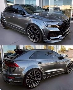 two different views of the front and back of a silver car with chrome rims