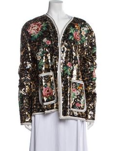 Gucci Floral Sequin Evening JacketBlackFloral PrintRaw-Edge & Embroidered AccentsCollarlessIncludes Designer Garment Bag & HangerDesigner Fit: Designed for a slim fit, those with a curvy figure may wish to take one size up. Gucci Black Spring Outerwear, Luxury Long Sleeve Outerwear With Floral Embroidery, Designer Embroidered Evening Outerwear, Designer Embroidered Outerwear For Evening, Gucci Floral, Evening Jacket, Evening Jackets, Sweater Boots, Garment Bag