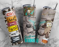 three tumblers with different designs on them and the text free amazing tumbler design included