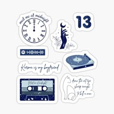 various stickers with different types of things on them, including an old record player