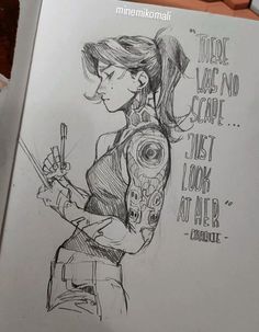 a drawing of a girl with tattoos on her arm holding a knife and looking at something