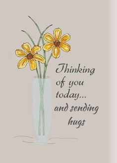 some yellow flowers in a vase with the words mom thinking of you today on it