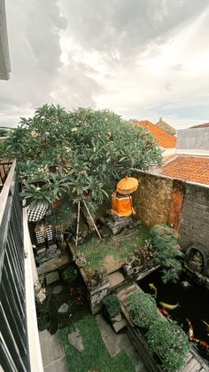 an aerial view of a small garden area