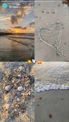 the beach is covered in shells and sand as the sun sets over the ocean with clouds