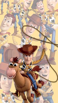 a cartoon character riding on the back of a horse with many other characters around him