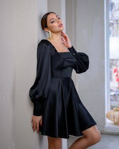 Fabric: High-quality satin Viscose 35%, Polyester 35%, Cotton 20% Nylon 10% Mini length Long sleeve Dress length 85cm/ 33,4in Sleeves length 68cm/ 26,7in Skirt length 45cm/ 17,7in Fitted A-line Satin Mini Dress, Elegant Satin Square Neck Dress For Date Night, Fitted Satin Dress With Square Neck For Evening, Solid Satin Cocktail Mini Dress, Elegant Satin Mini Dress With Square Neck, Chic Fitted Satin Dress With Square Neck, Solid Fitted A-line Satin Dress, Fitted A-line Satin Dress, Square Neck Satin Dress For Night Out