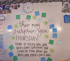 a bulletin board with post - it notes on it that says, who may surprise you this friday