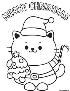 a black and white christmas coloring page with a cat wearing a santa hat holding a candy cane