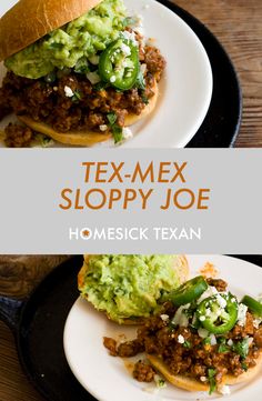 two plates with some food on them and the words tex - mex sloppy joe