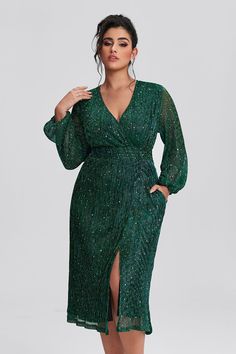 Plus Size Homecoming Dresses front Plus Size Sequin, Midi Dress With Pockets, Chevron Dress, Green Style, Emerald City, Sleeve Dresses, Fashion Over 40, Mesh Panel, Dress With Pockets