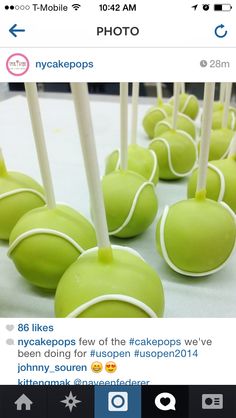 green cake pops with white tennis balls on them are displayed in an instagram post