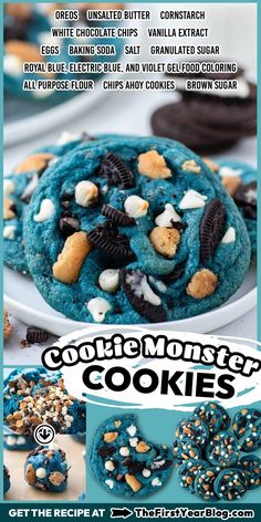 cookie monster cookies with blue icing and sprinkles are on a plate