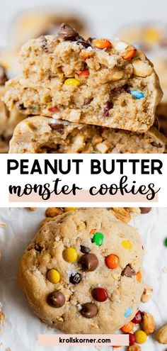 peanut butter monster cookies stacked on top of each other with the words, peanut butter monster cookies