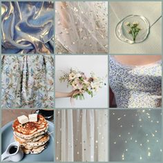 a collage of photos with flowers and fabric